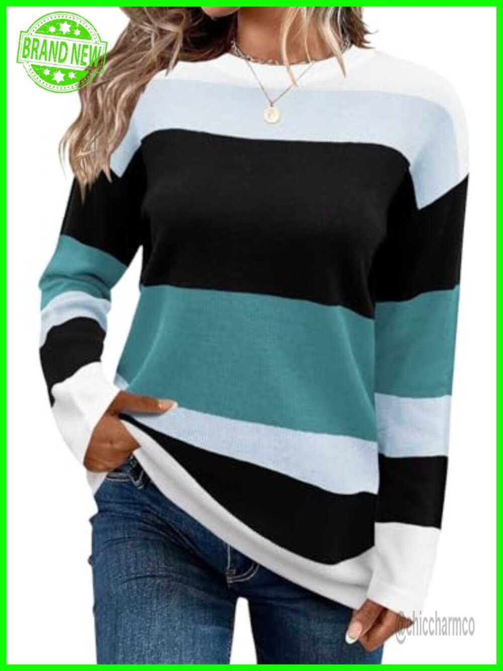 Striped Knit Sweater Crew Neck Long Sleeve Pullover Top